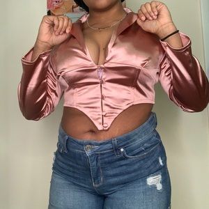 VINTAGE SILKY SALMON PINK BLAZER CROP TOP